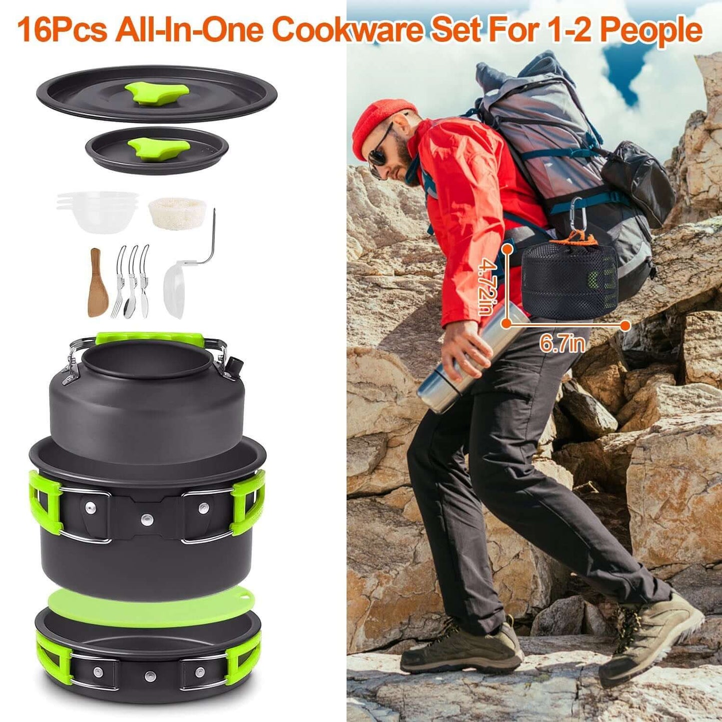 16pcs Camping Cookware Set displayed with backpacker, perfect for outdoor cooking and camping adventures.