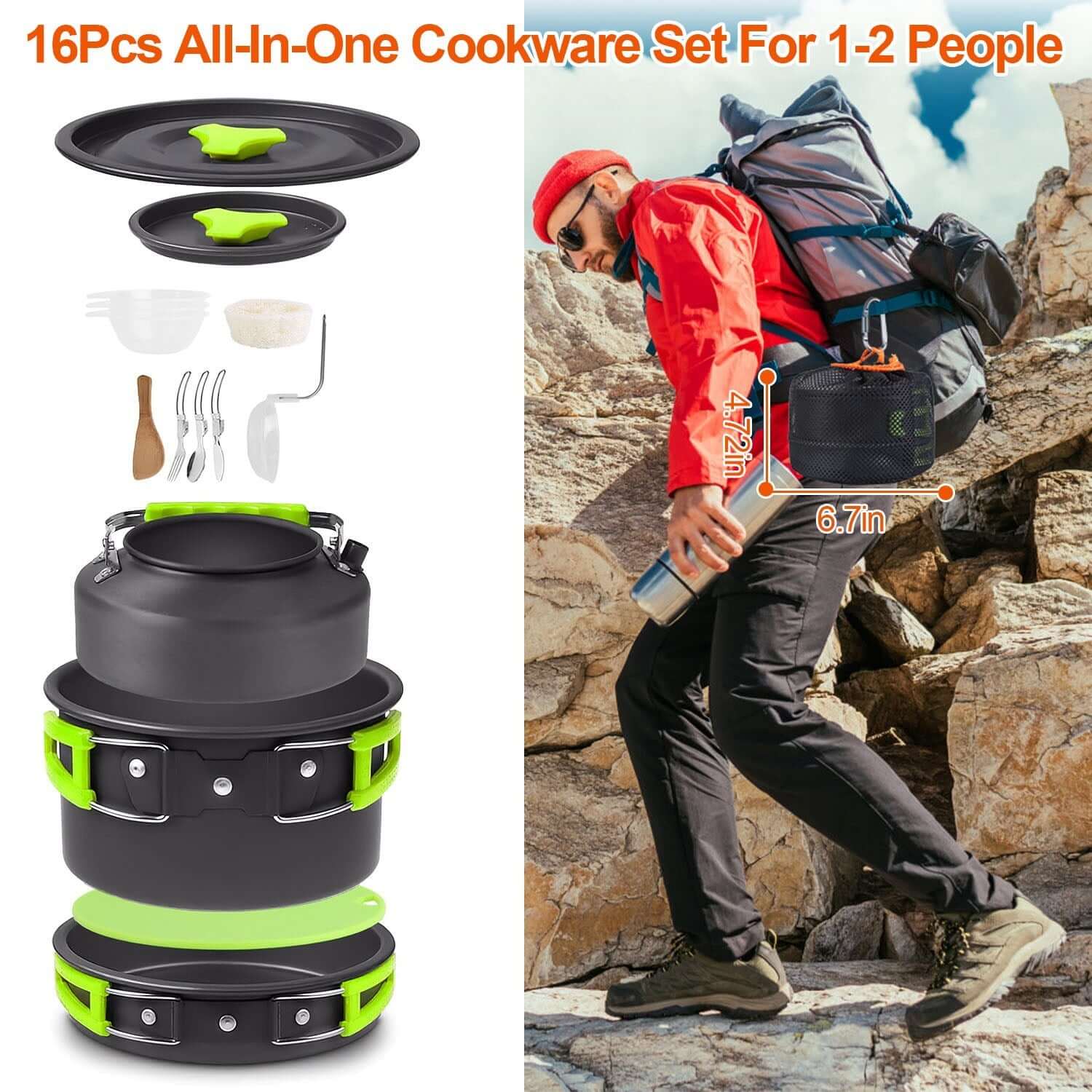 16pcs Camping Cookware Set displayed with backpacker, perfect for outdoor cooking and camping adventures.