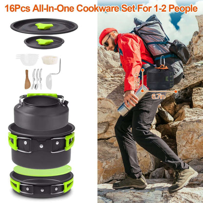 16pcs Camping Cookware Set displayed with backpacker, perfect for outdoor cooking and camping adventures.