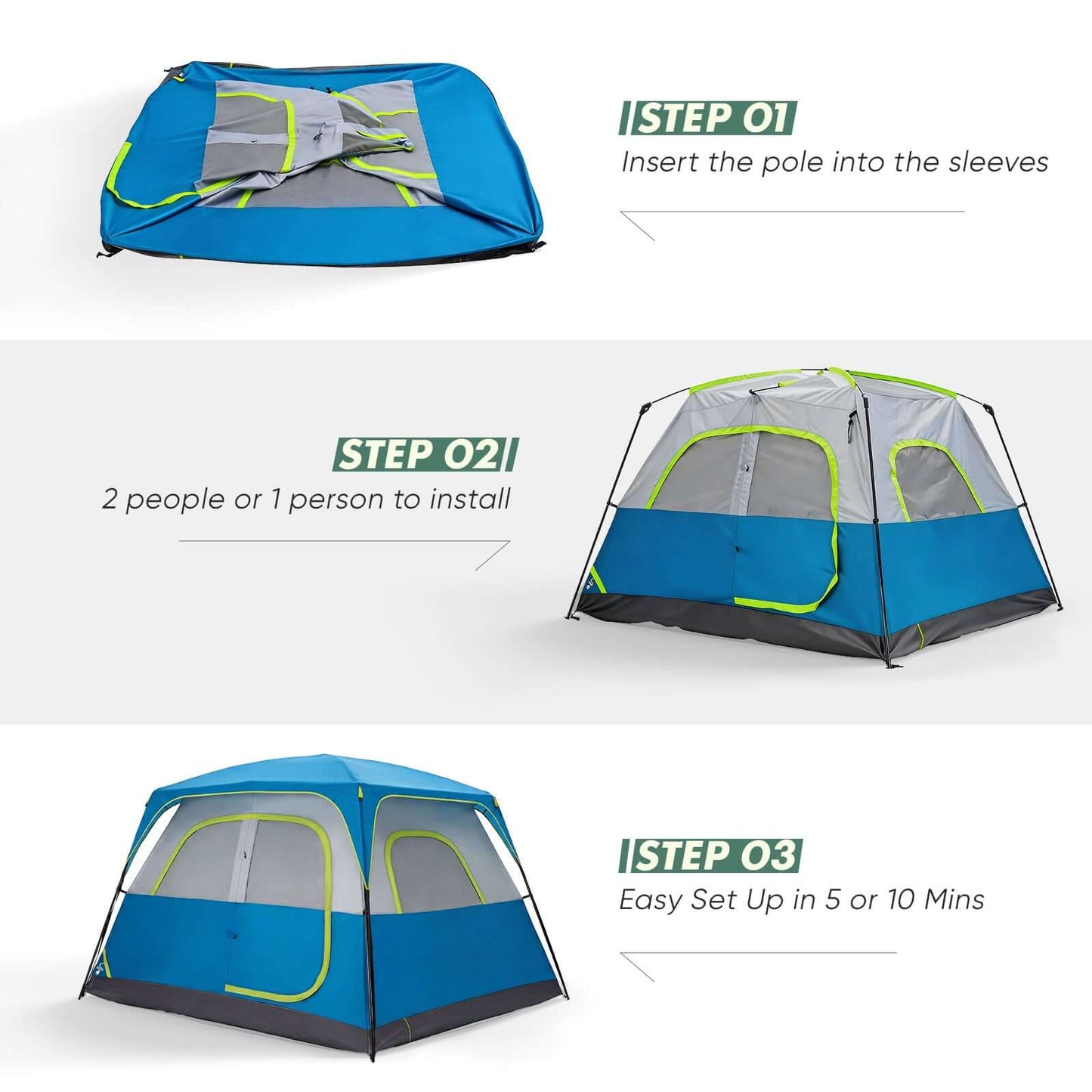 Steps for setting up the 6-person Waterproof And Windproof Family Camping Tent, showing easy assembly process.