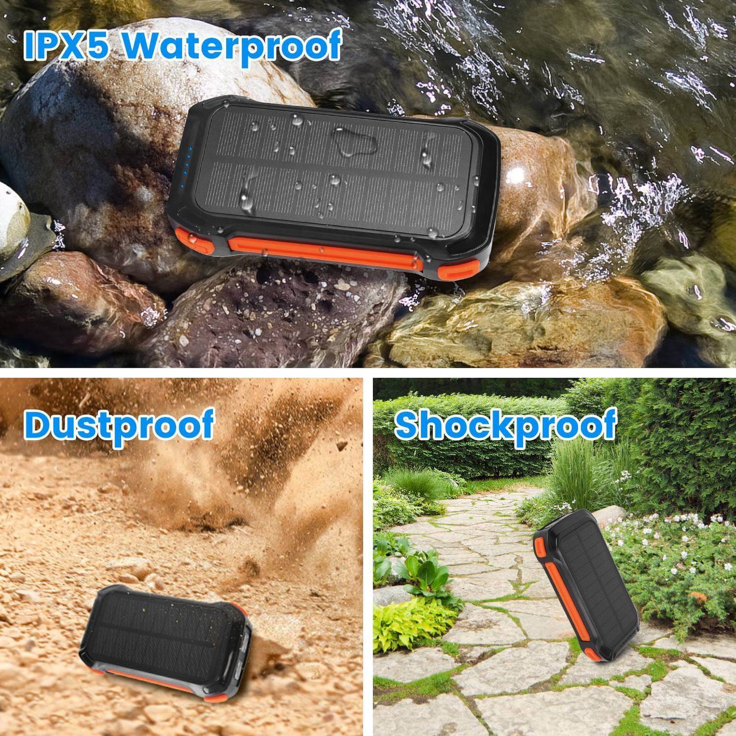 Fast Charging Solar Power Bank 49800mAh shown in waterproof, dustproof, and shockproof environments.