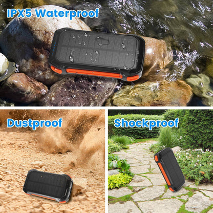 Fast Charging Solar Power Bank 49800mAh shown in waterproof, dustproof, and shockproof environments.