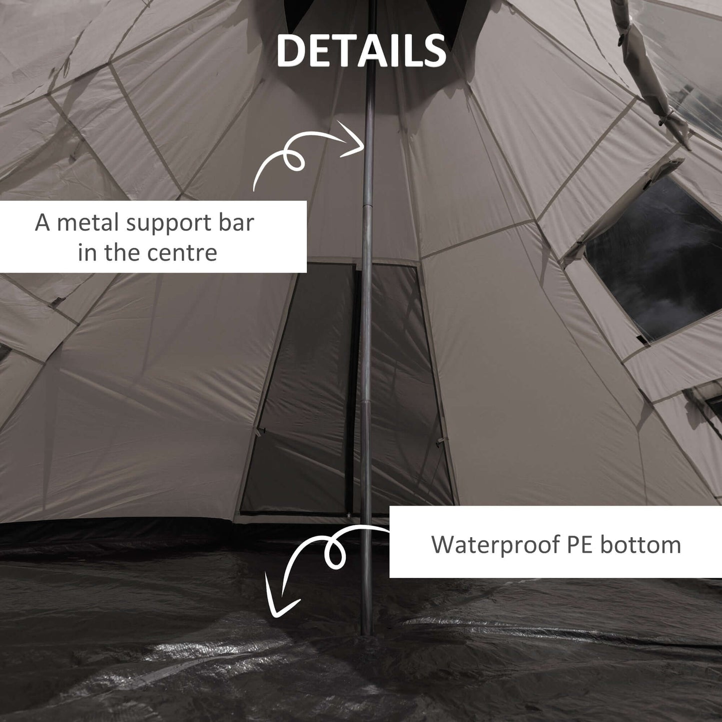 Interior details of the 7-Person 12FT Camping Tent showing metal support bar and waterproof PE bottom.