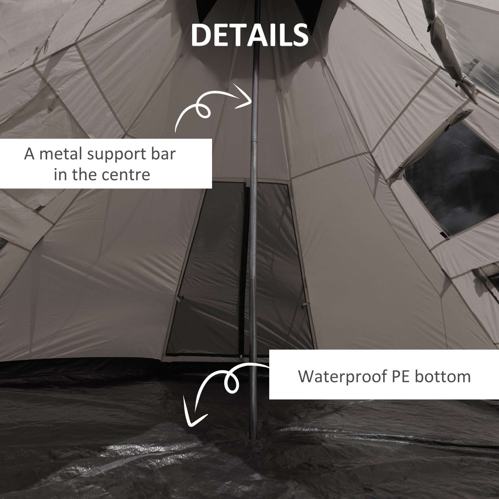 Interior details of the 7-Person 12FT Camping Tent showing metal support bar and waterproof PE bottom.