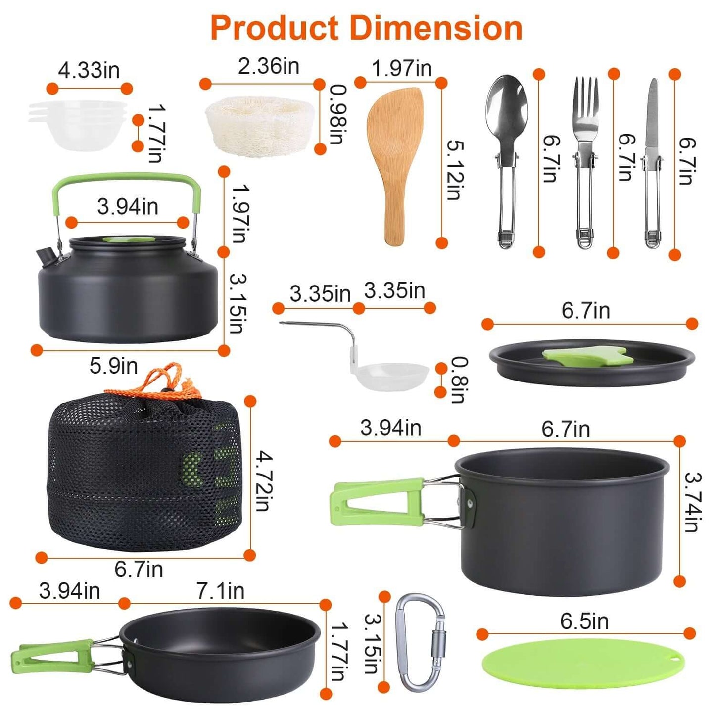 Product dimensions of 16pcs Camping Cookware Set with detailed measurements for each item in the set.