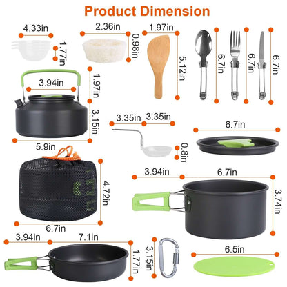 Product dimensions of 16pcs Camping Cookware Set with detailed measurements for each item in the set.