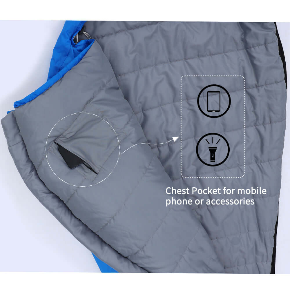 3 Season Sleeping Bag with chest pocket for mobile phone and accessories, designed for comfort and warmth.