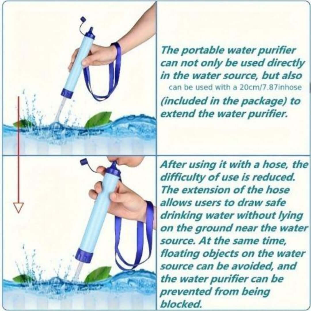 Emergency Water Filter Straw in action, demonstrating its use with a hose for clean water access.