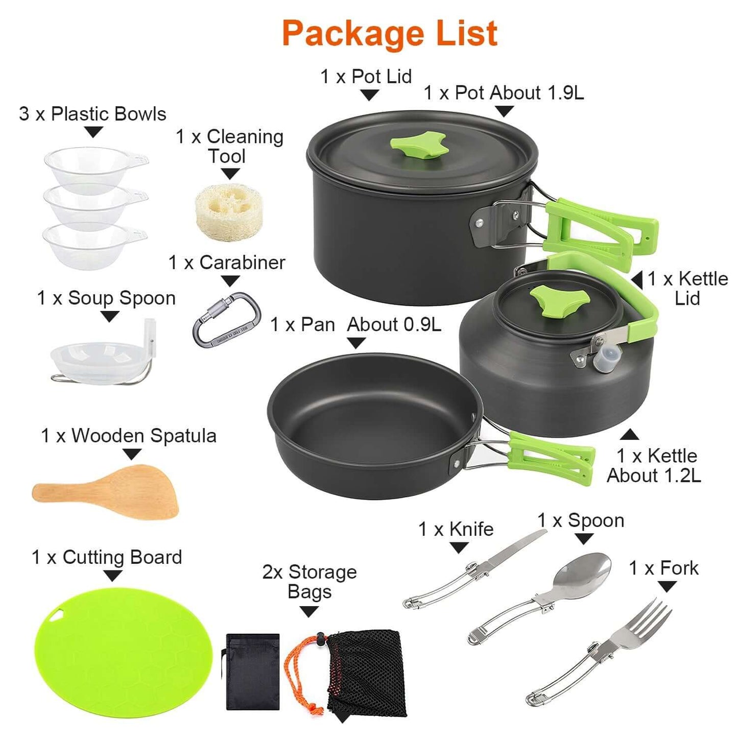 16pcs Camping Cookware Set package list showing pots, bowls, utensils, and tools for outdoor cooking.