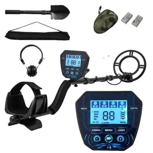 Metal Detector With IP67 Waterproof Coil & 4 Detection Modes - Includes headphones, shovel, and adjustable components.