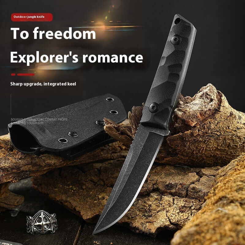 Samurai Style Survival Knife shown on rustic wood with a durable sheath, highlighting its sharp blade for outdoor adventures.