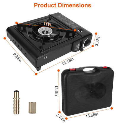 Portable Butane Camping Stove dimensions including compact design for outdoor cooking.