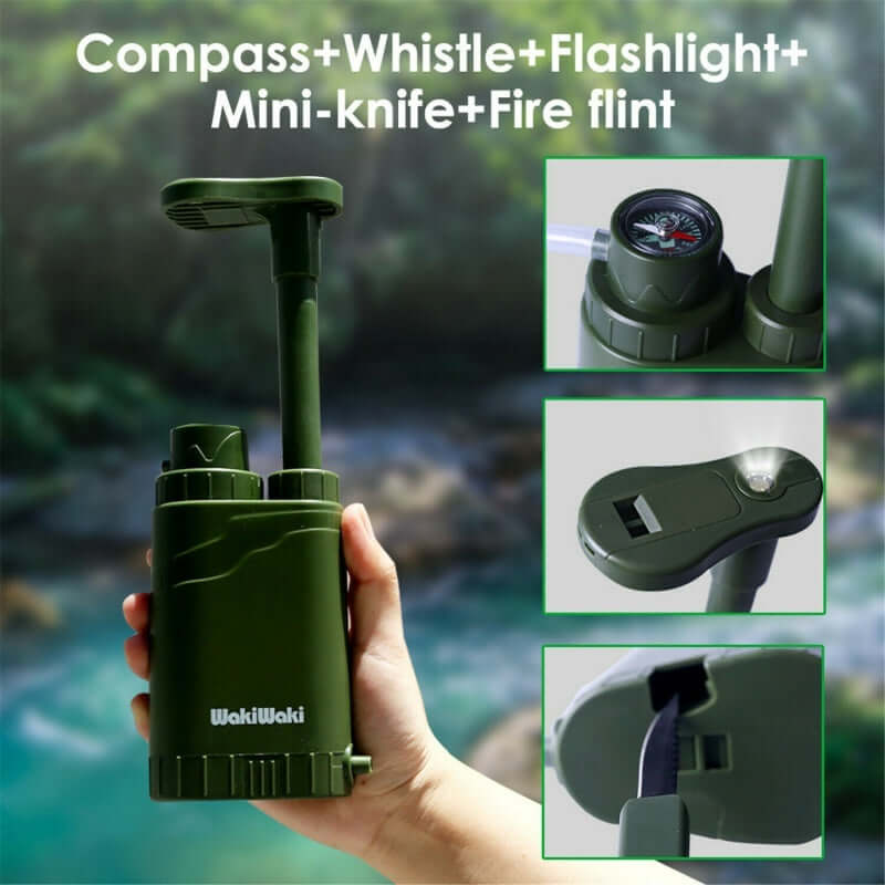 4-Stage Portable Water Purifier Pump with built-in compass, whistle, flashlight, mini-knife, and fire flint
