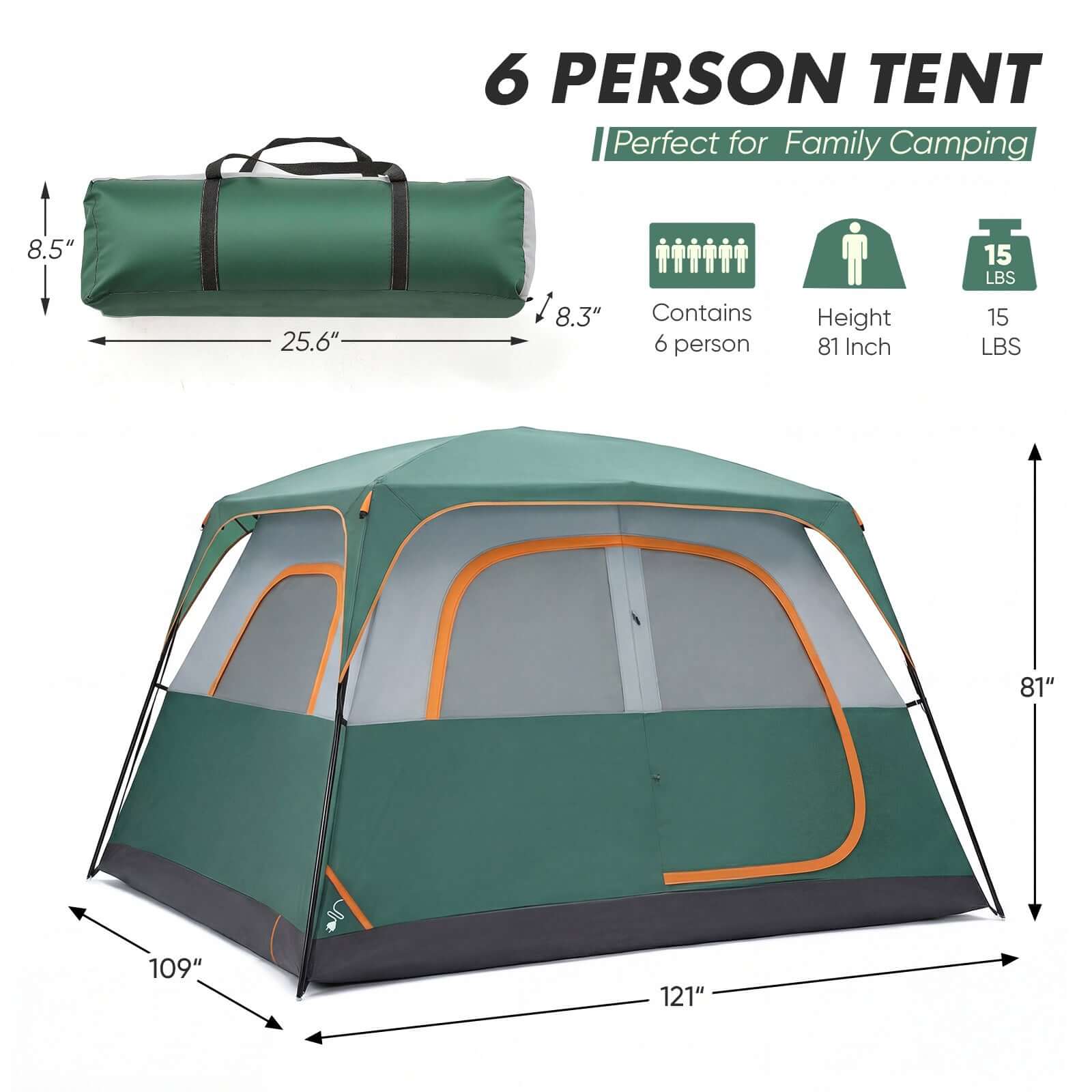 6-person Waterproof And Windproof Family Camping Tent with dimensions and carrying bag for easy transport.