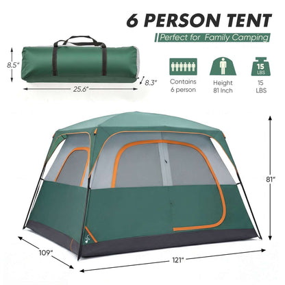 6-person Waterproof And Windproof Family Camping Tent with dimensions and carrying bag for easy transport.