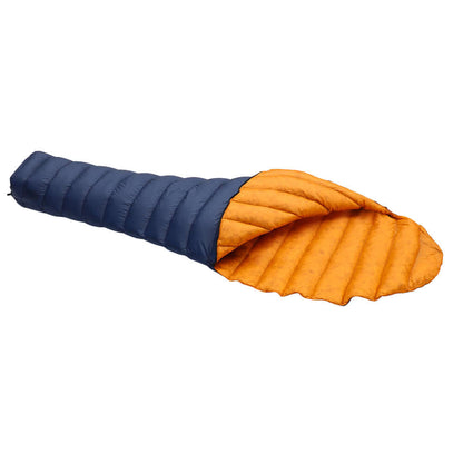 UL250 UltraLight Down Sleeping Bag in blue and orange, showcasing its lightweight and compact design for outdoor adventures.