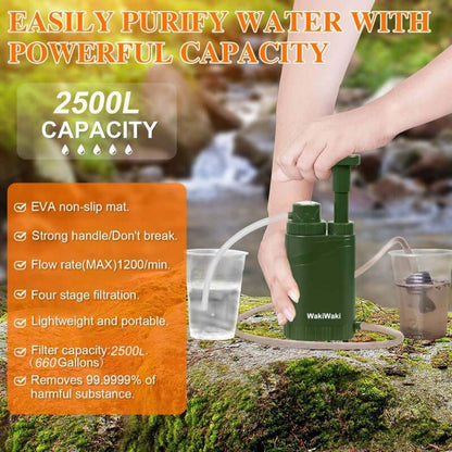 4-Stage Portable Water Purifier Pump showing its powerful 2500L capacity and lightweight design for outdoor adventures.