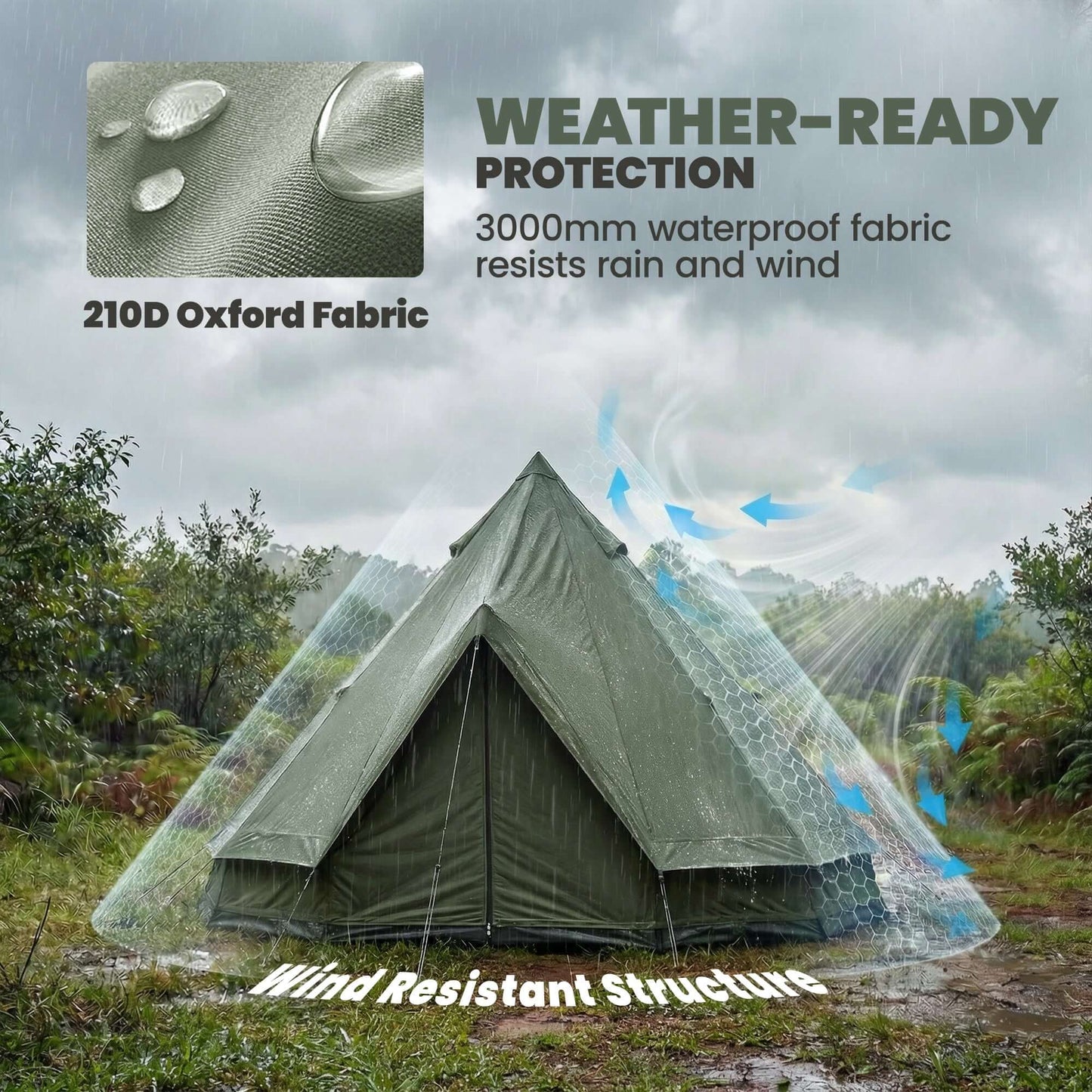 7-Person Waterproof Camping Tent with Stove Jack features 210D Oxford fabric for weather-ready protection.