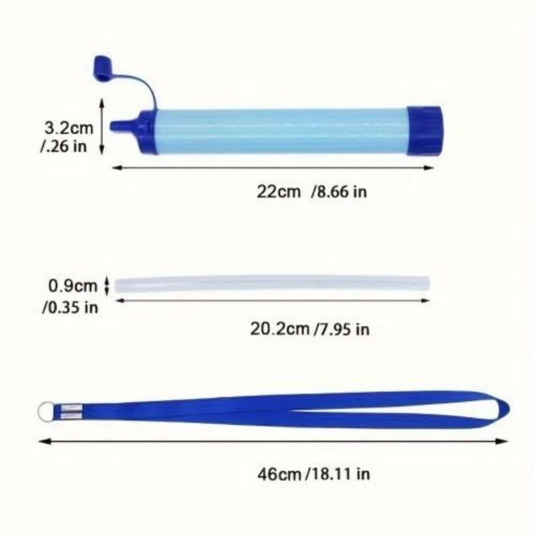 Emergency Water Filter Straw dimensions showing its compact and portable design for survival and hydration.