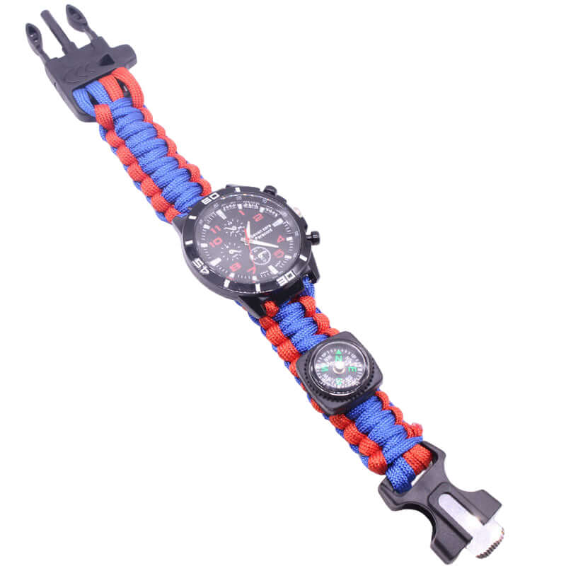 Parachute Cord Survival Watch featuring durable parachute cord, quartz movement, and built-in compass.