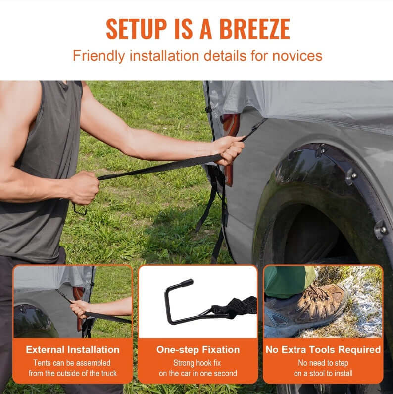 Setup installation guide for PU2000mm Double Layer Truck Tent, showing ease of use and no tools required.