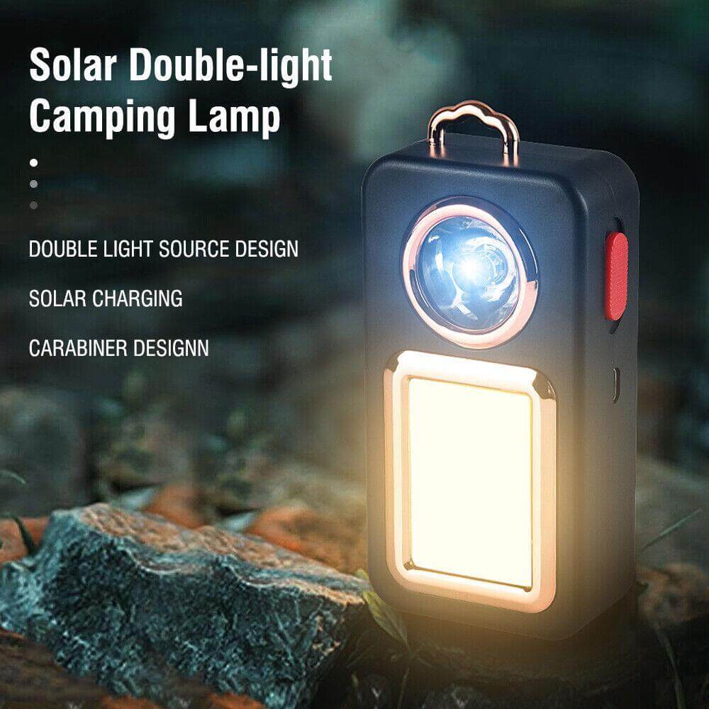 Solar Portable Camping Lantern featuring double light source design and carabiner for easy attachment.