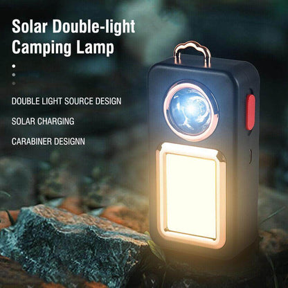 Solar Portable Camping Lantern featuring double light source design and carabiner for easy attachment.