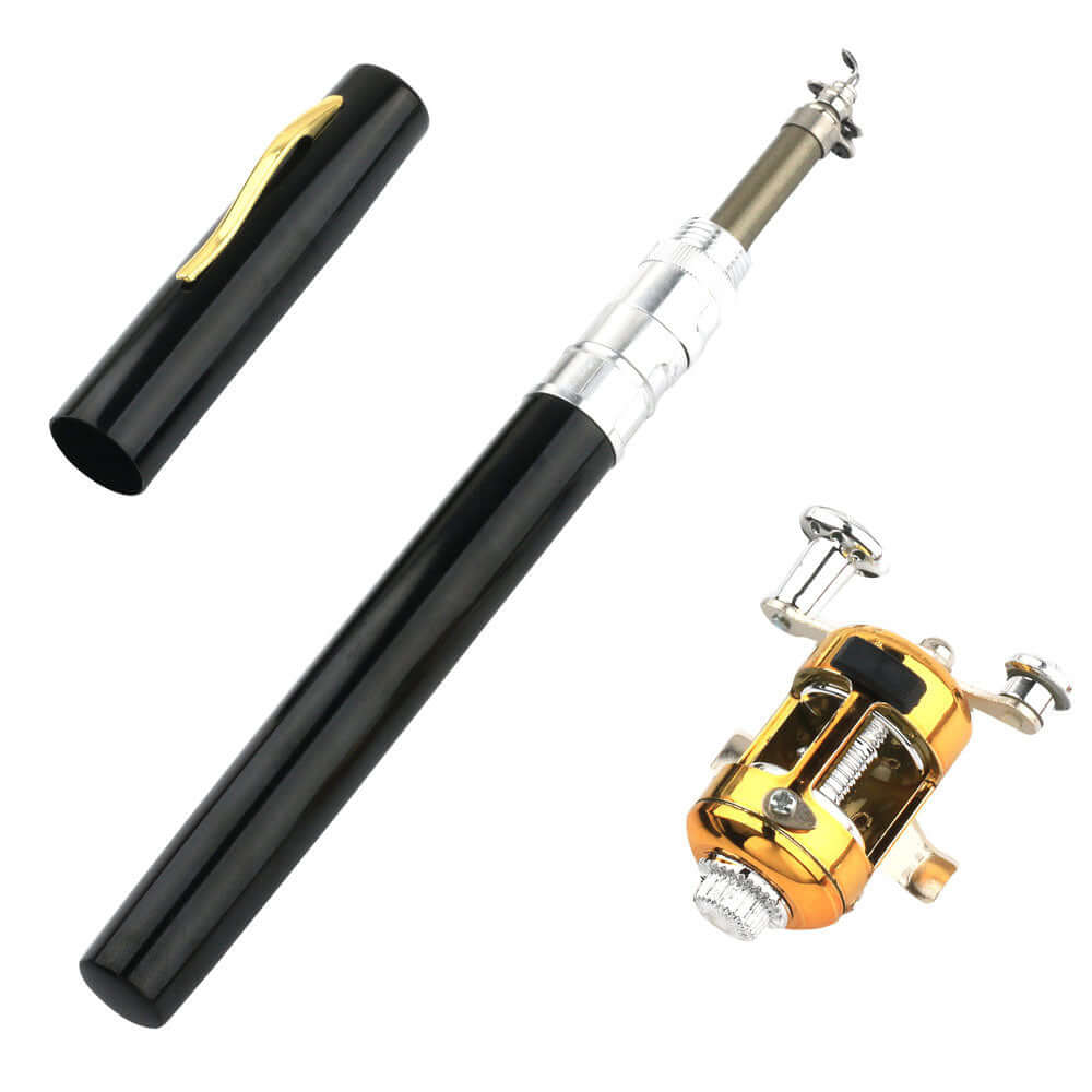 Aluminum Alloy Pocket-Sized Fishing Rod with reel, compact design for portable fishing adventures.