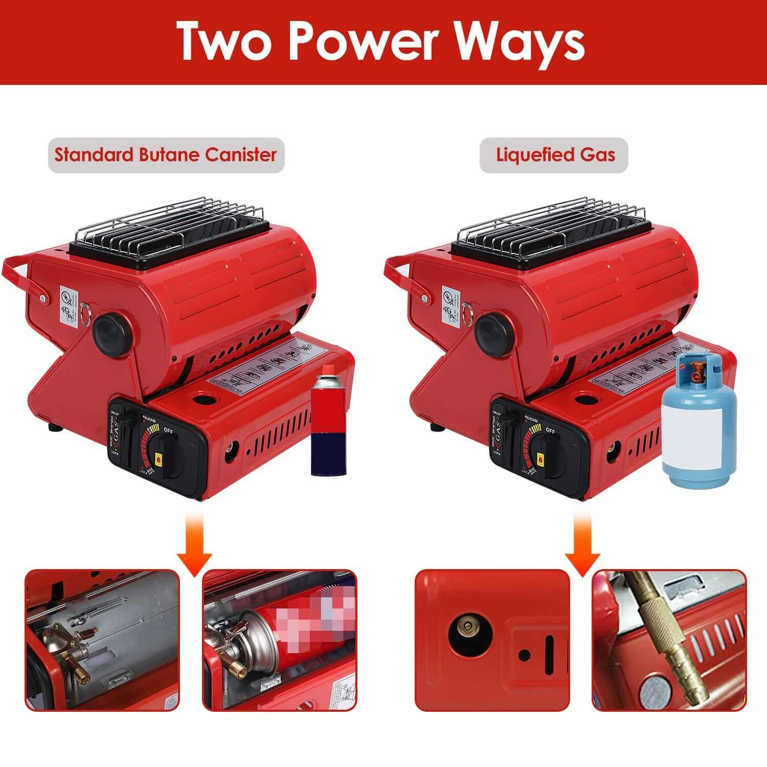 2 In 1 Portable Butane Burner Heater showing two power options: standard butane canister and liquefied gas.