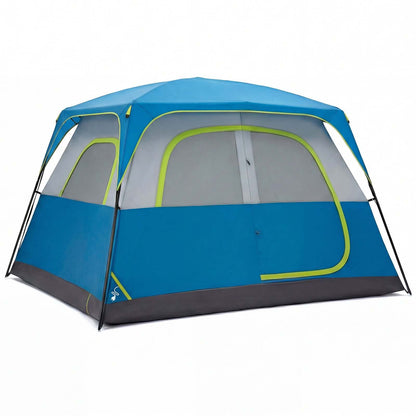 6-person Waterproof And Windproof Family Camping Tent in blue with panoramic ventilation.