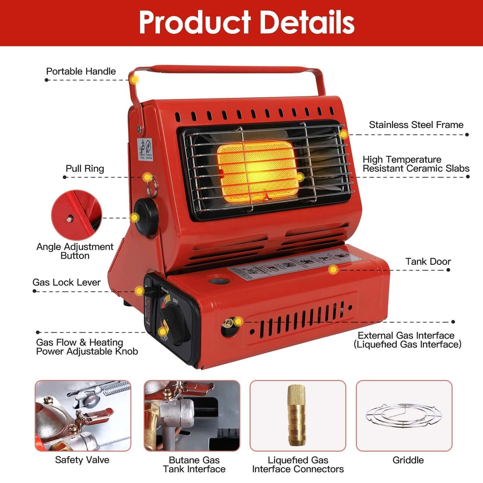 2 In 1 Portable Butane Burner Heater features: stainless steel frame, portable handle, gas lock lever, safety valve.