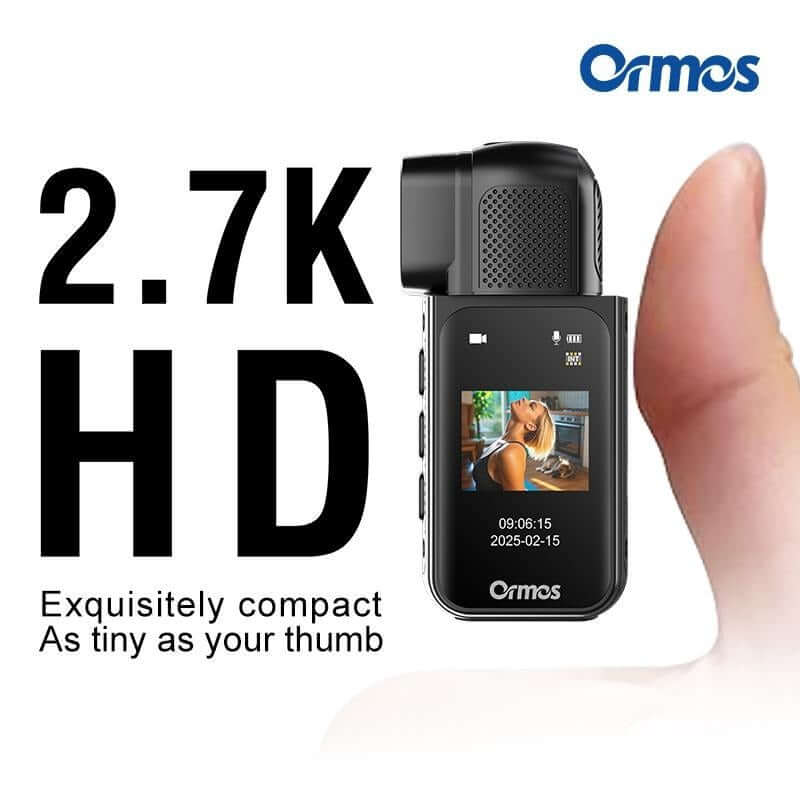 Ormos Mini Action Camera With 180 Degree Rotating Lens - 2.7K Ultra HD showing compact size and features.