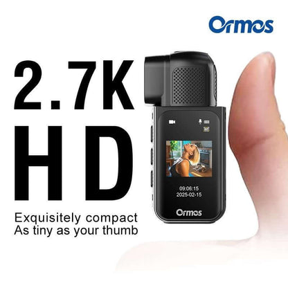 Ormos Mini Action Camera With 180 Degree Rotating Lens - 2.7K Ultra HD showing compact size and features.