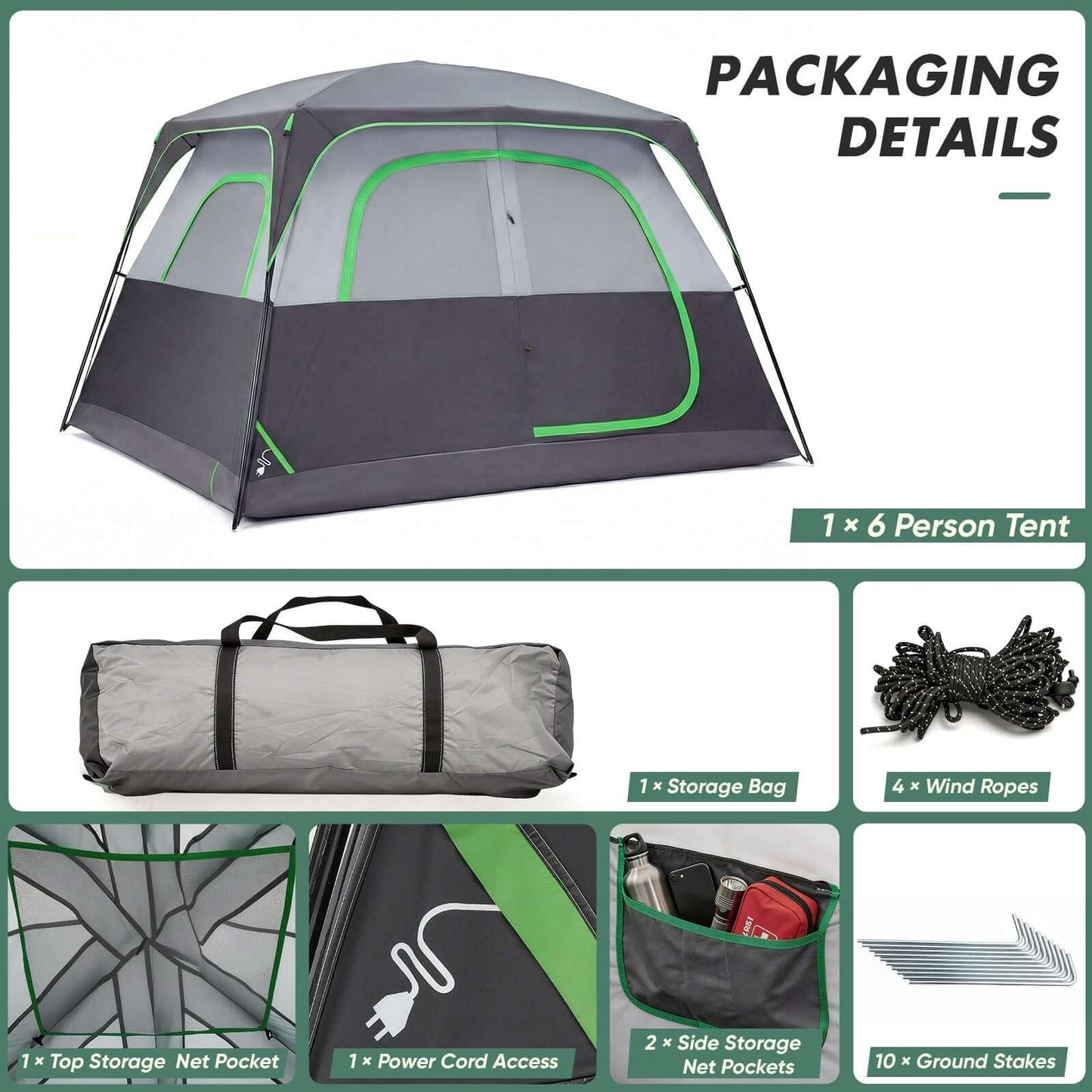 6-person Waterproof And Windproof Family Camping Tent packaging details including tent, storage bag, wind ropes, and ground stakes.