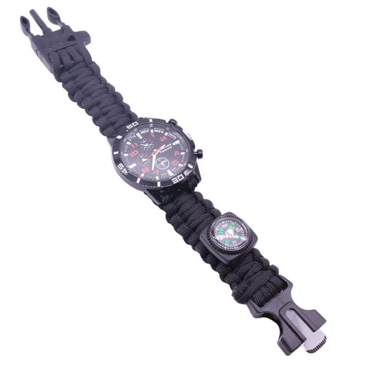 Parachute Cord Survival Watch with compass, rugged design for outdoor adventures.