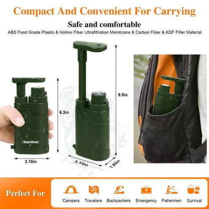 4-Stage Portable Water Purifier Pump shown in a compact size for easy carrying during adventures.