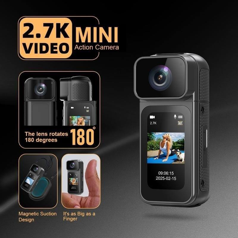 Ormos Mini Action Camera With 180 Degree Rotating Lens - 2.7K Ultra HD showcasing its compact design and features.