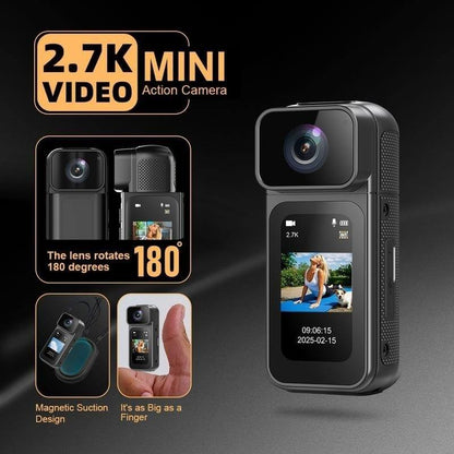 Ormos Mini Action Camera With 180 Degree Rotating Lens - 2.7K Ultra HD showcasing its compact design and features.