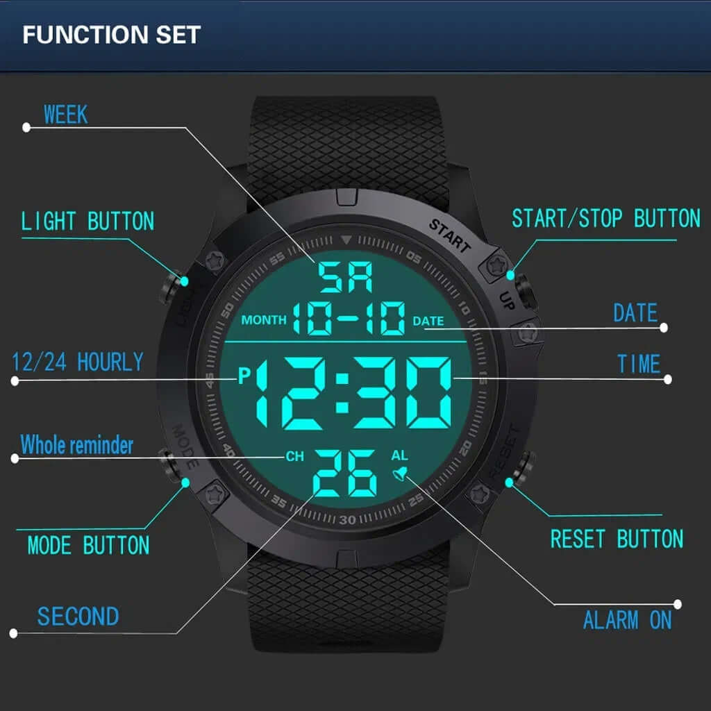 Tactical Military Digital Watch function set with detailed buttons for clear navigation and operation.
