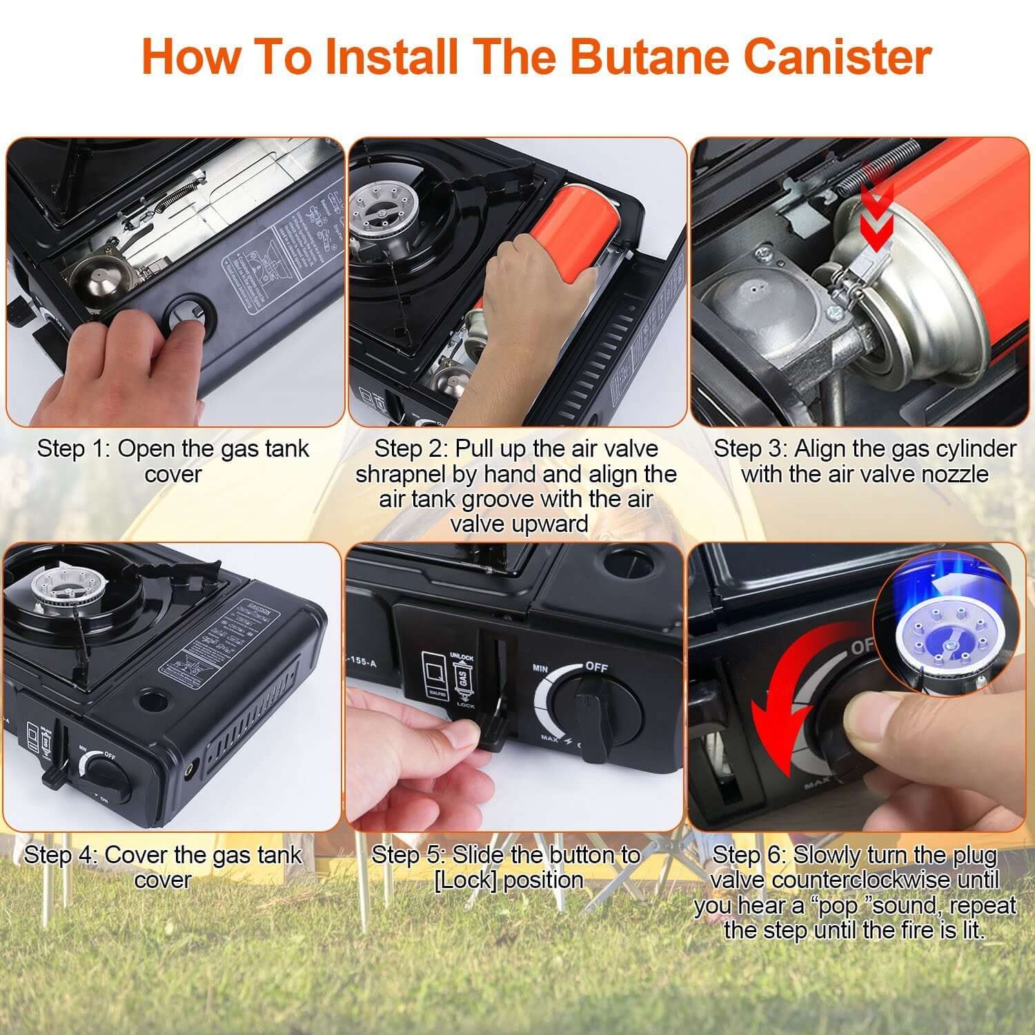 How to install the butane canister for the Portable Butane Camping Stove step-by-step guide.