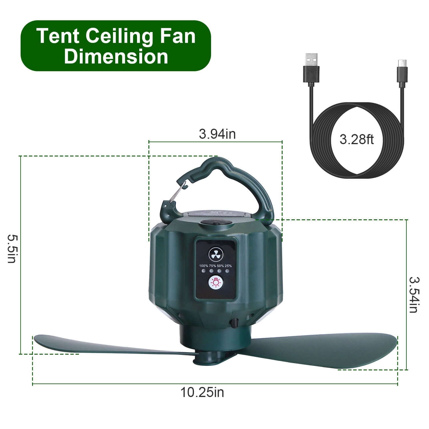 Portable Ceiling Fan Power Bank dimensions showing size and USB cable, perfect for camping and outdoor activities.