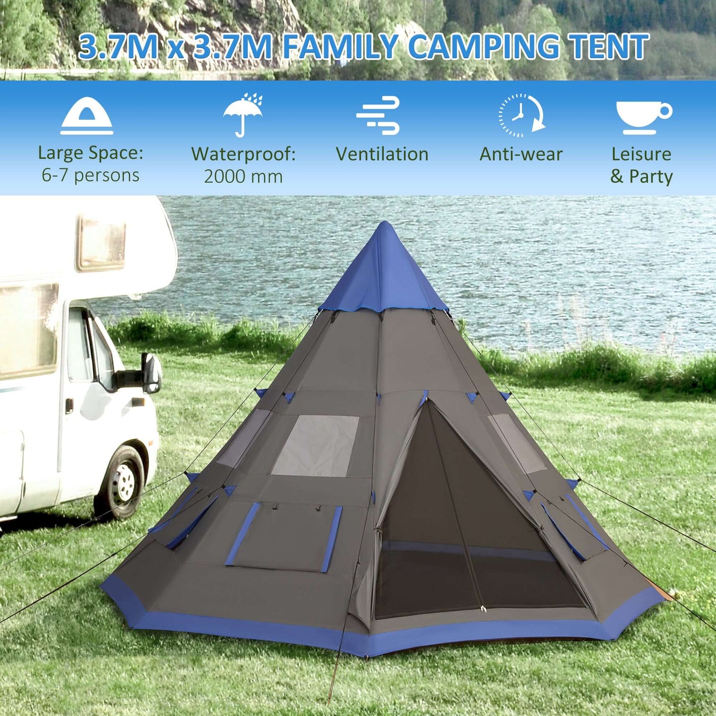 7-Person 12FT Camping Tent for family outdoor adventures, featuring waterproof material and spacious design.
