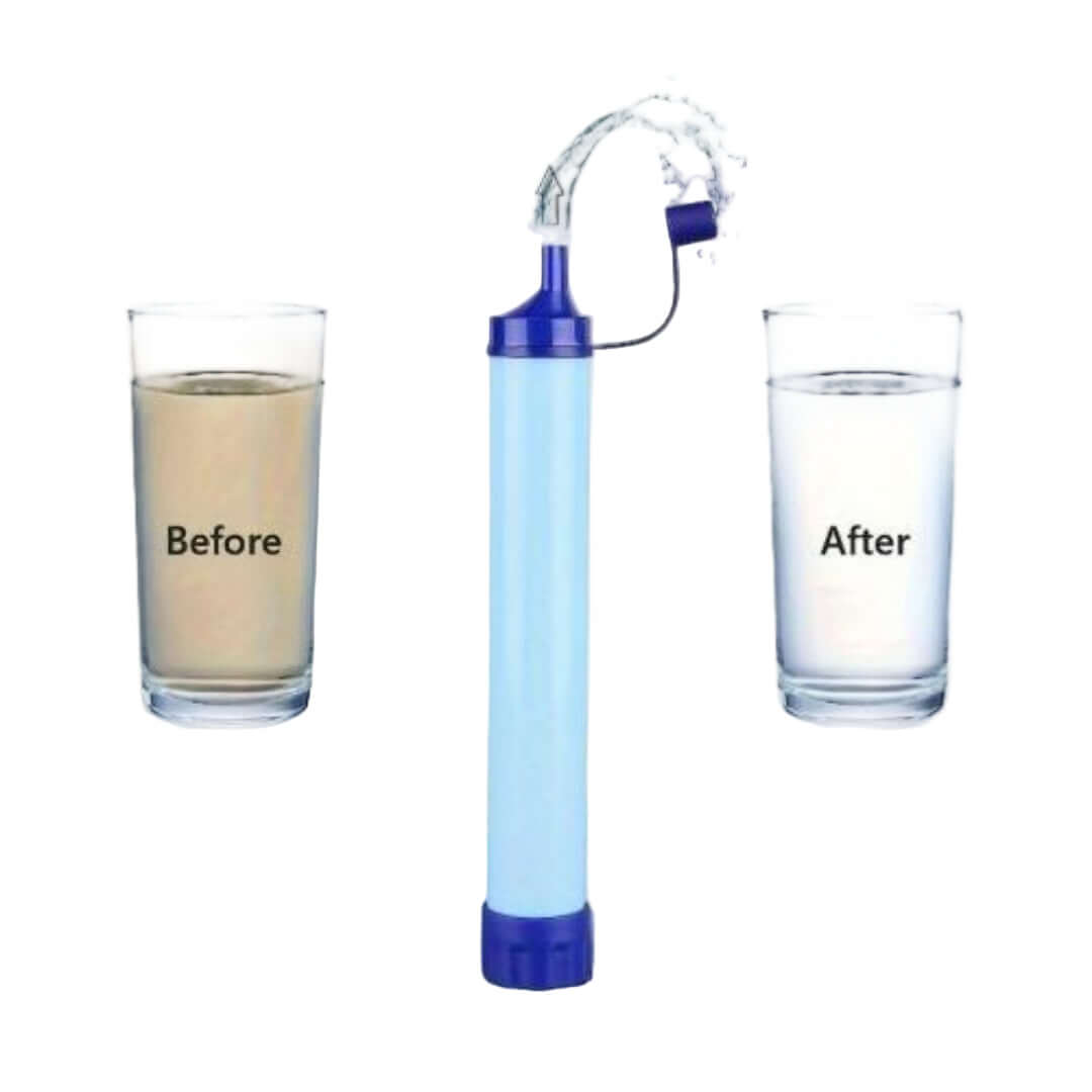 Emergency Water Filter Straw comparison before and after using the filter with two glasses of water