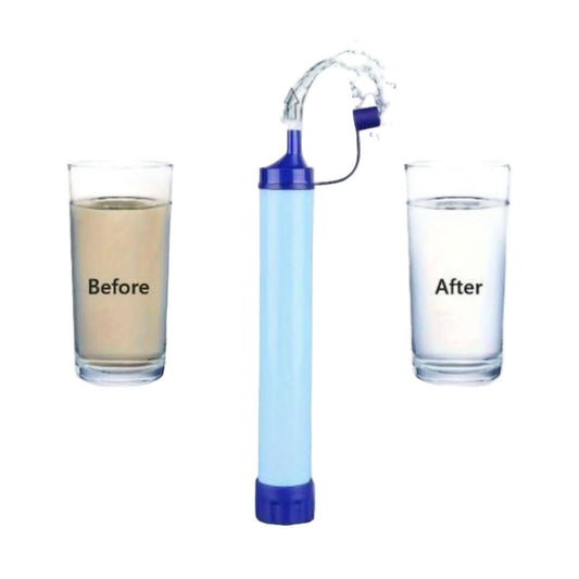 Emergency Water Filter Straw comparison before and after using the filter with two glasses of water