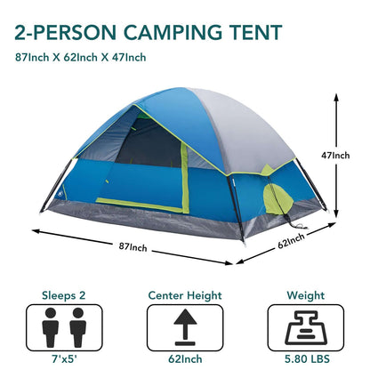2-Person Dome Camping Tent with measurements 87x62x47 inches, ideal for lightweight outdoor adventures.