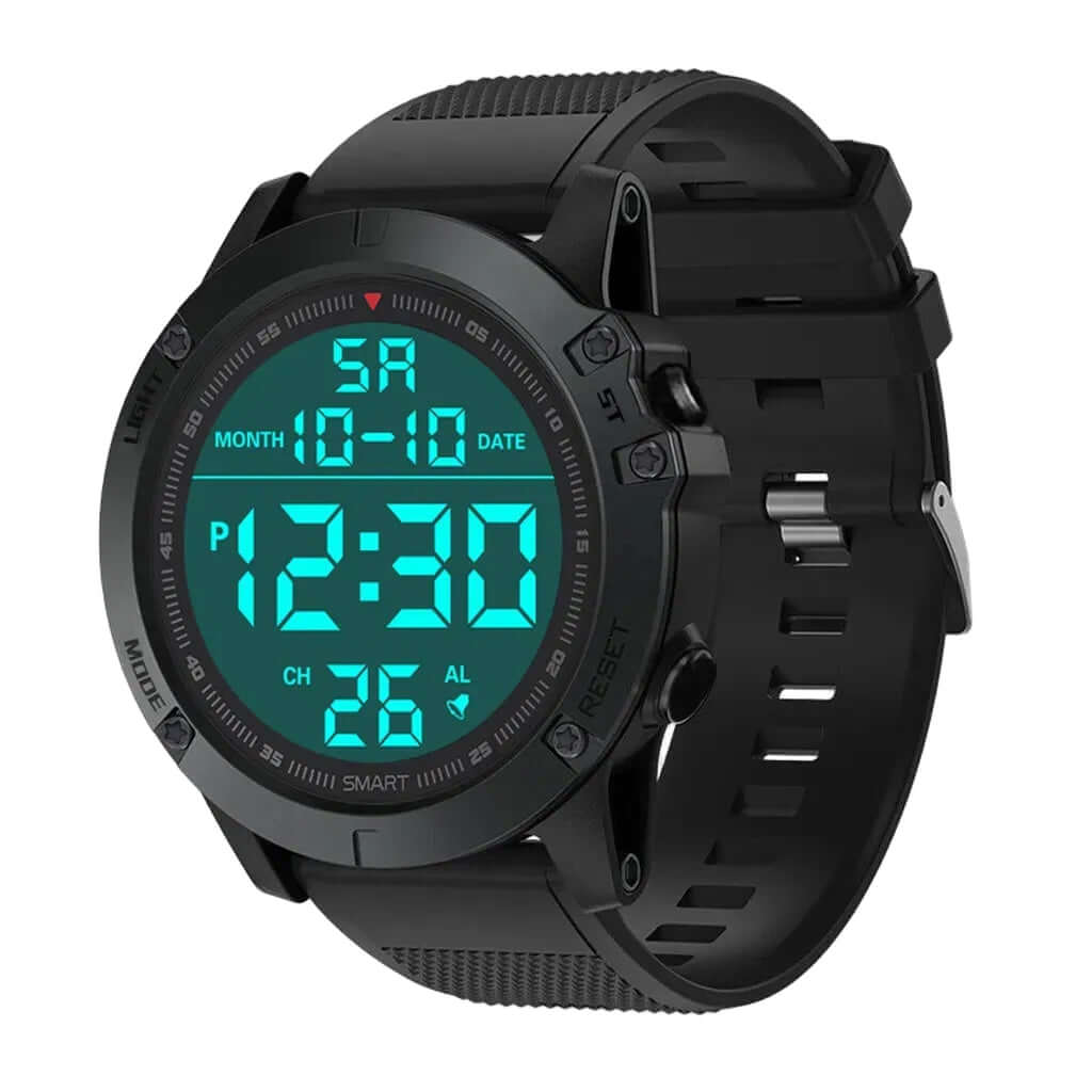 Tactical Military Digital Watch with rugged design, bold digital display, ideal for outdoor adventures and survival activities.