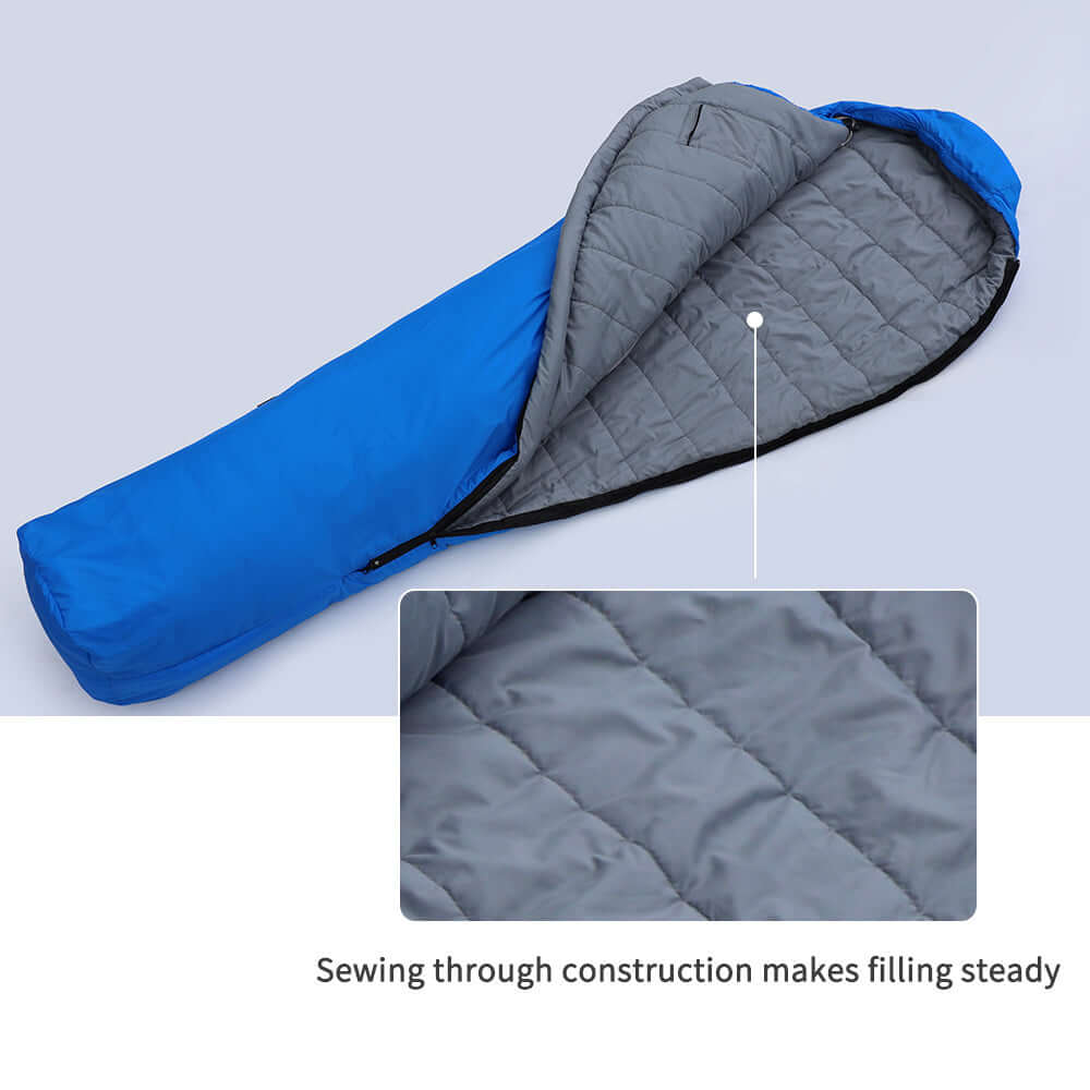 3 Season Sleeping Bag showcasing lightweight design and sewing technique for optimal warmth and comfort.