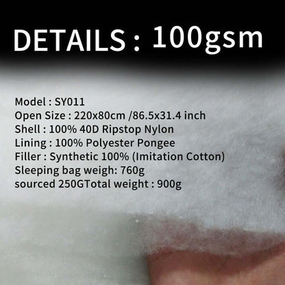 3 Season Sleeping Bag details including model SY011, dimensions, materials, and weight specifications.