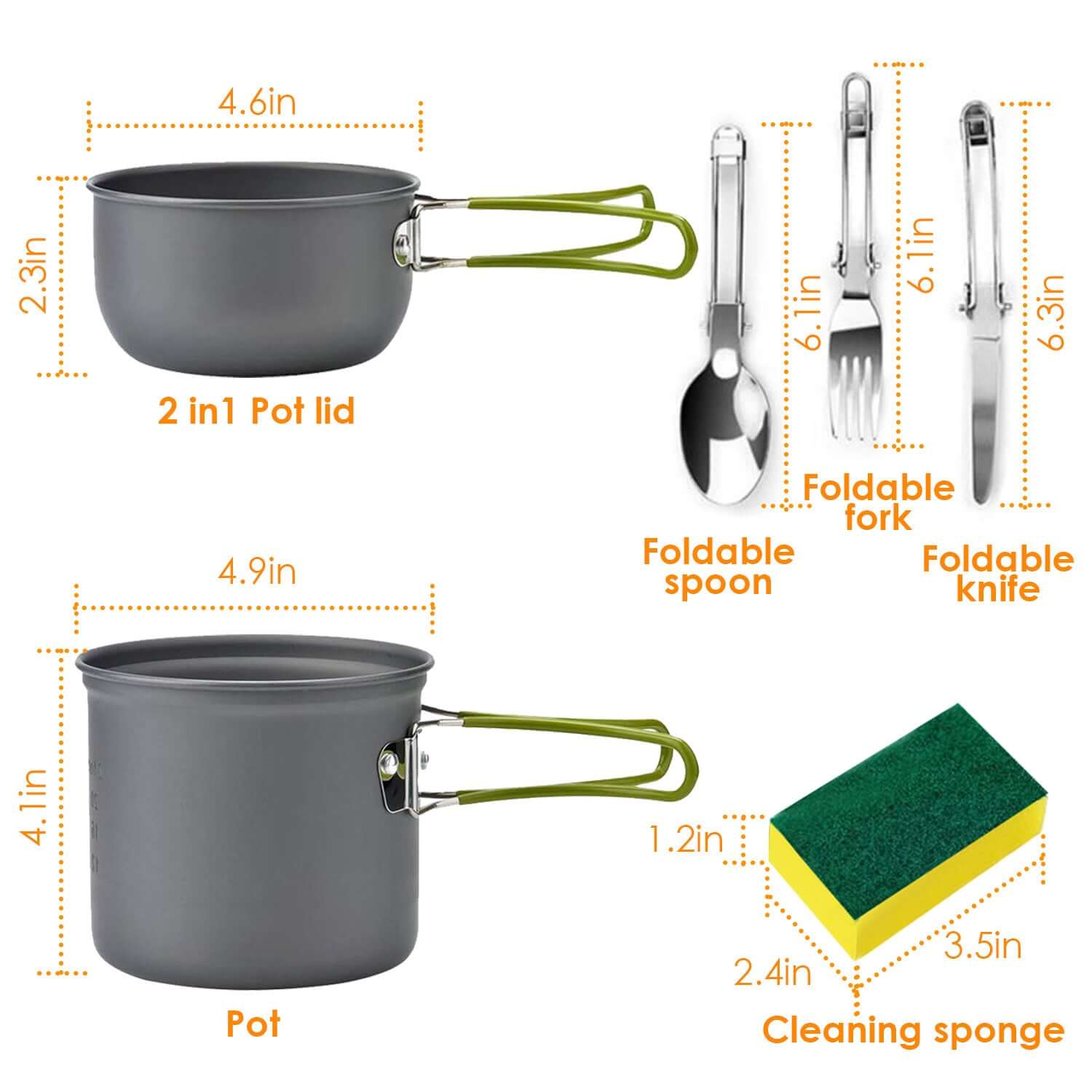 8pcs Camping Cookware Set components showing pots, lids, utensils, and cleaning sponge for outdoor cooking.
