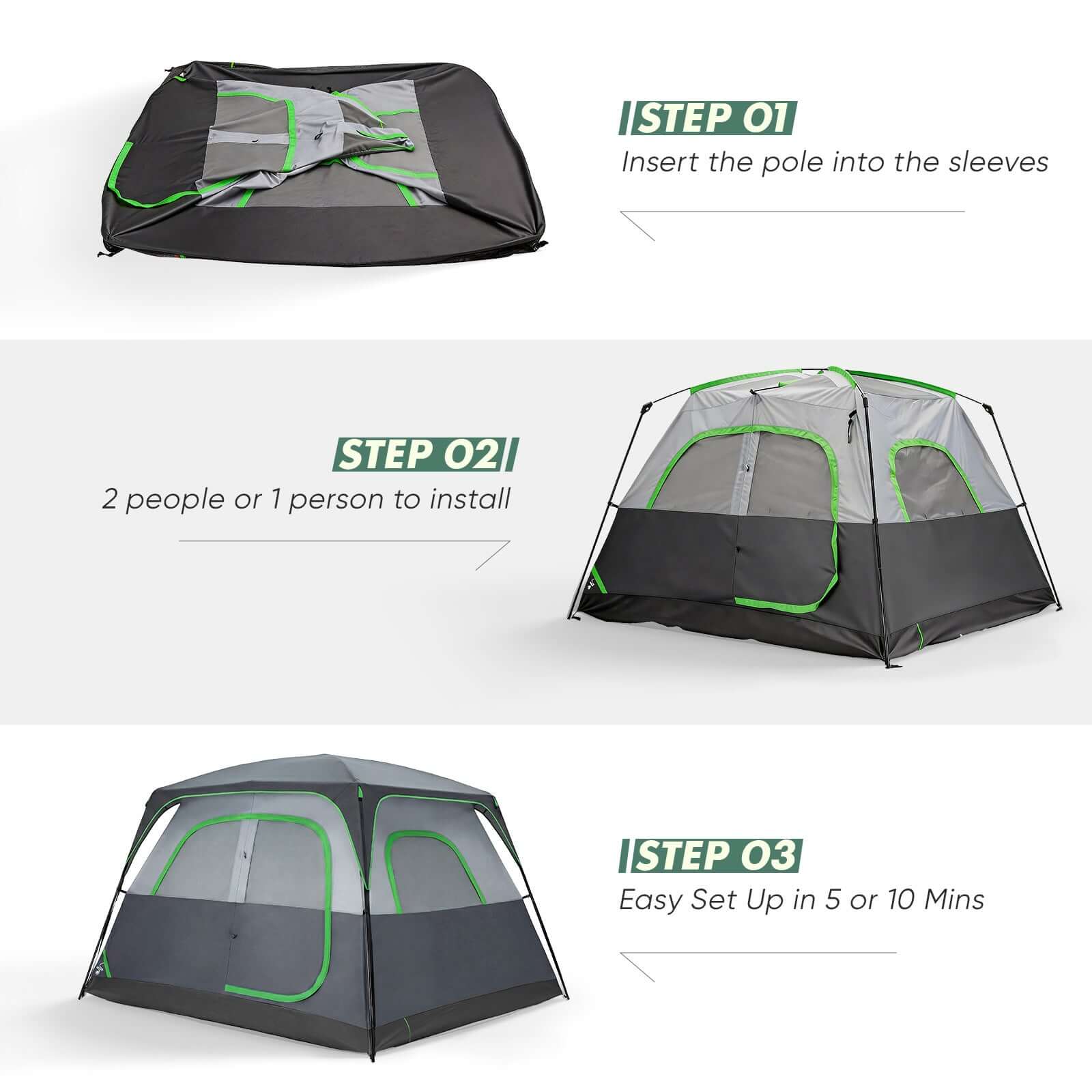 Instructions for setting up the 6-person Waterproof And Windproof Family Camping Tent in three steps.
